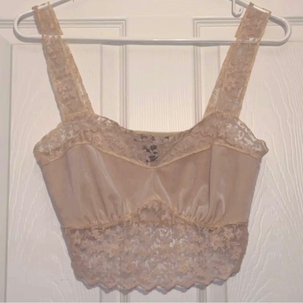 Beige velvet and lace crop top